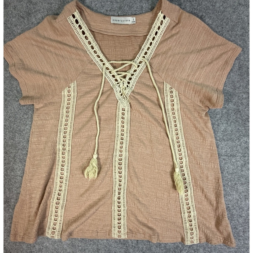 Boho Lace Up Tassels Pastel Mauve Gauze Top Women's Size Small Flirty Hippy